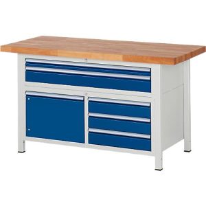 Werkbank Serie 8922, 5 Schubladen, 2 Fachböden mit Tür, höhenverstellbar, B 1500 x T 700 x H Werkbank Serie 8922, 5 Schubladen, 2 Fachböden mit Tür, höhenverstellbar, B 1500 x T 700 x H