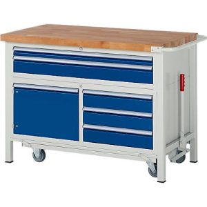 Werkbank Serie 8922, absenkbar, 5 Schubladen, 1 Fachboden mit Tür, B 1250 x T 700 x H 880 mm Werkbank Serie 8922, absenkbar, 5 Schubladen, 1 Fachboden mit Tür, B 1250 x T 700 x H 880 mm