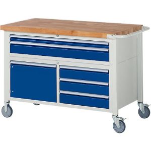 Werkbank Serie 8922, fahrbar, 5 Schubladen, 2 Fachböden mit Tür, B 1250 x T 700 x H 880 mm Werkbank Serie 8922, fahrbar, 5 Schubladen, 2 Fachböden mit Tür, B 1250 x T 700 x H 880 mm