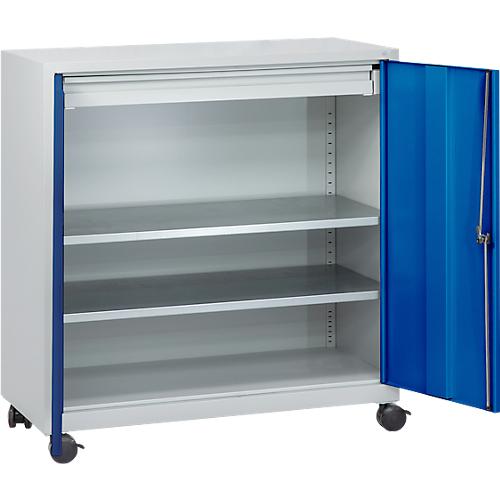 Werkzeugschrank, mit 4 Rollen, 2 Einlegeböden & 1 Schublade, Zylinderschloss, B 1000 x T 500 x H 1000 mm, Stahlblech, lichtgrau/enzianblau