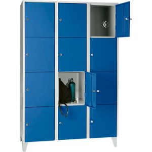 Wertfachschrank 400 mm, 3 Abteile, 12 Fächer, Sicherheitszylinderschloss, Fuß, enzianblau
