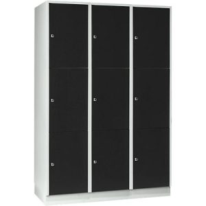 Wertfachschrank 400 mm, 3 Abteile, 9 Fächer, Sicherheitszylinderschloss, Sockel, tiefschwarz