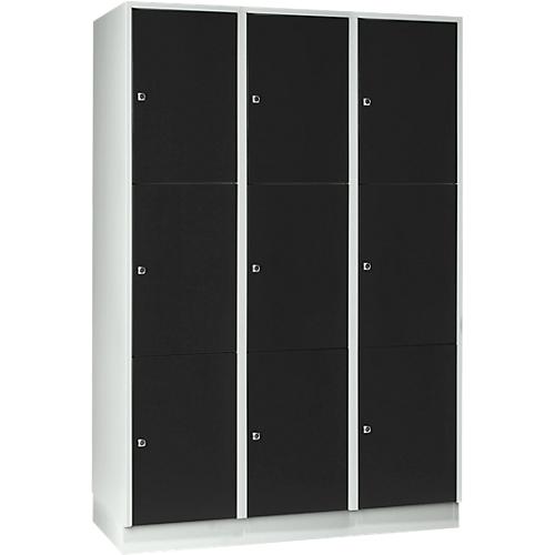 Wertfachschrank 400 mm, 3 Abteile, 9 Fächer, Sicherheitszylinderschloss, Sockel, tiefschwarz