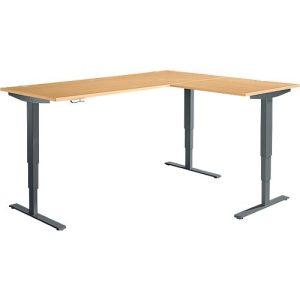 Winkelschreibtisch AERO FLEX, elektrisch höhenverstellbar, 90° Winkel, T-Fuß, B 2000 x T 1600 mm, Buche/anthrazit + Memorypanel