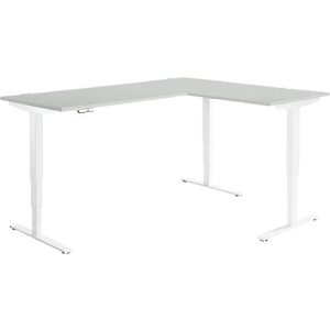 Winkelschreibtisch AERO FLEX, elektrisch höhenverstellbar, 90° Winkel, T-Fuß, B 2000 x T 1600 mm, lichtgrau/weiß + Memorypanel