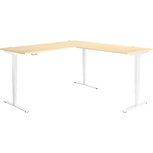 Winkelschreibtisch AERO FLEX, elektrisch höhenverstellbar, 90° Winkel, T-Fuß, B 2000 x T 2000 mm, Ahorn/weiß + Memorypanel