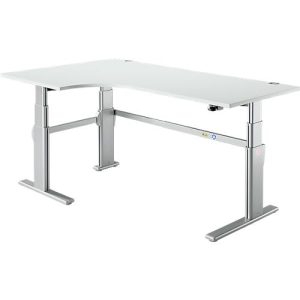 Winkelschreibtisch Komfort, elektrisch höhenverstellbar, 90° Winkel links, C-Fuß, B 2000 x T 1200/800 x H 655-1305 mm, lichtgrau/weißalu