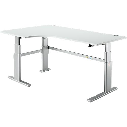 Winkelschreibtisch Komfort, elektrisch höhenverstellbar, 90° Winkel links, C-Fuß, B 2000 x T 1200/800 x H 655-1305 mm, lichtgrau/weißalu
