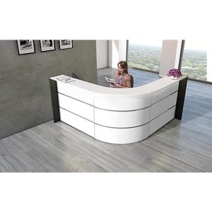 Winkeltheke Faro, mit Ablage- und Seitenplatten, melaminharzbeschichtet, ABS-Kanten, B 2320 x T 2320 x H 1120 mm, weiß/anthrazit Winkeltheke Faro, mit Ablage- und Seitenplatten, melaminharzbeschichtet, ABS-Kanten, B 2320 x T 2320 x H 1120 mm, weiß/anthrazit